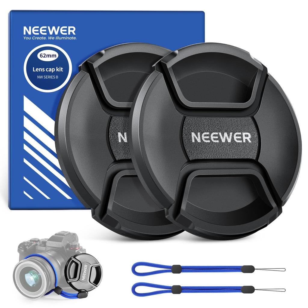 NEEWER 62mm Lens Cap Made of Inner and Cleaning Cloth Lens Protector Lens Compatible with Universal Cameras Set, 2-Piece Set, ABS, Waterproof,