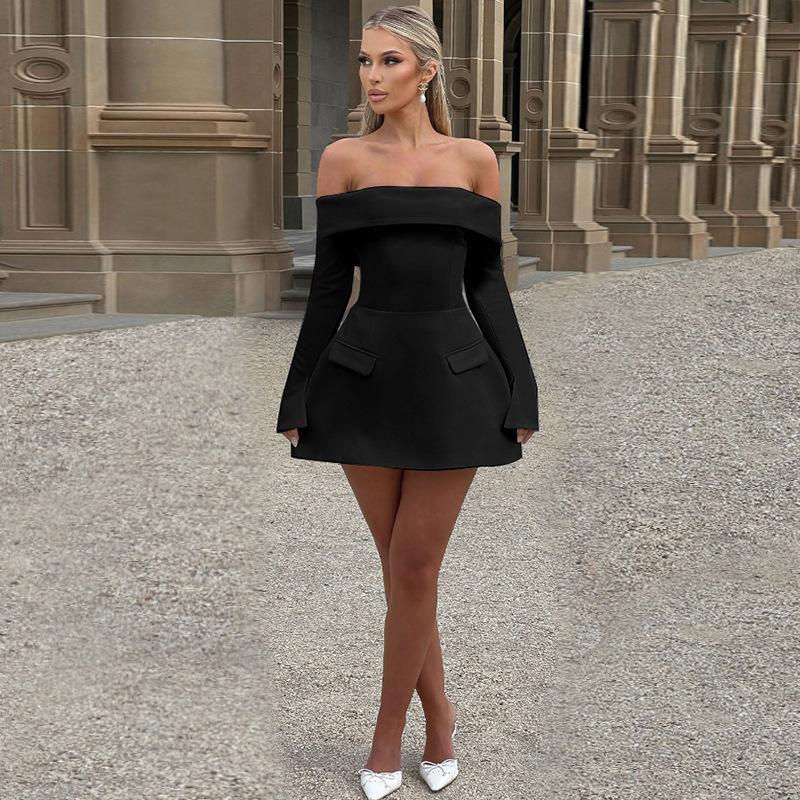 [] New sexy one-word shoulder skirt summer temperament fashion Spice Girl slim dress S чёрный