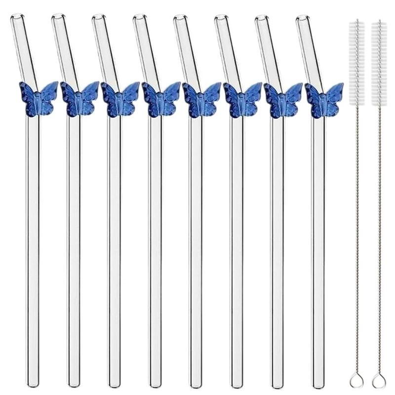 8Pcs Glass Smoothie Straw, Reusable Clear Drinking Straws for Smoothie Milkshakes Environmentally Friendly Drinkware Straw