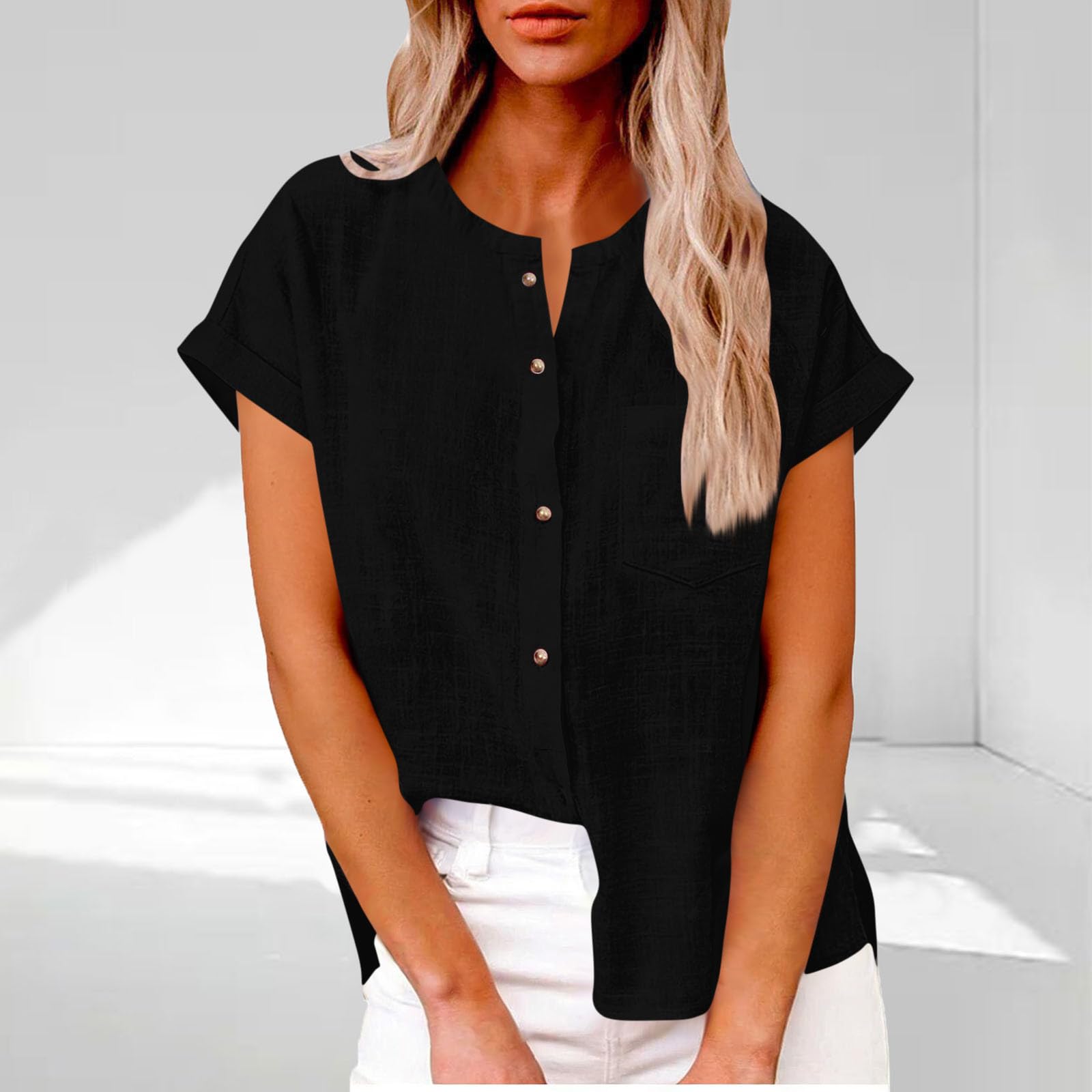 

Women s Fashionable Loose-Fit Casual Shirt Button-Up Short-Sleeve Cotton-Linen Blend Top S чорний