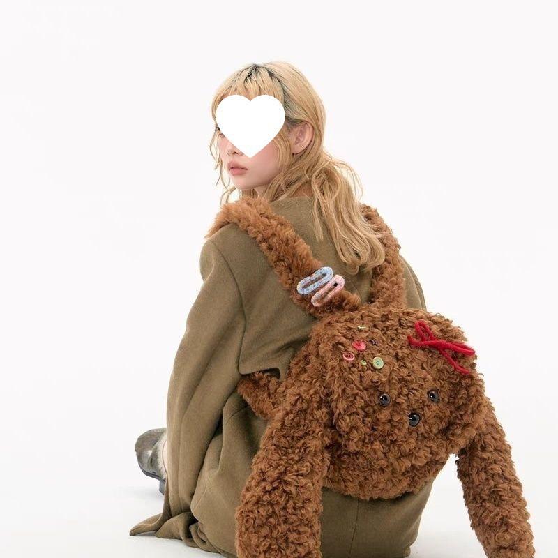 Sac à dos Teddy en Peluche Dessin Animé pour Femmes - Sac d'École Mignon Tendance Automne/Hiver en Blanc