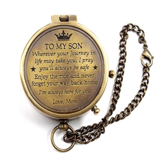 To My Son, Love Mom Pocket Compass Replica of Sundial Compass with Case Gift for Son, Mom Grandson Birthday Gift Décor