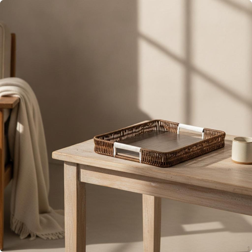 Wood Serving Tray with Handles Rectangular Woven Rattan Style LowProfile Platter for Hosts,