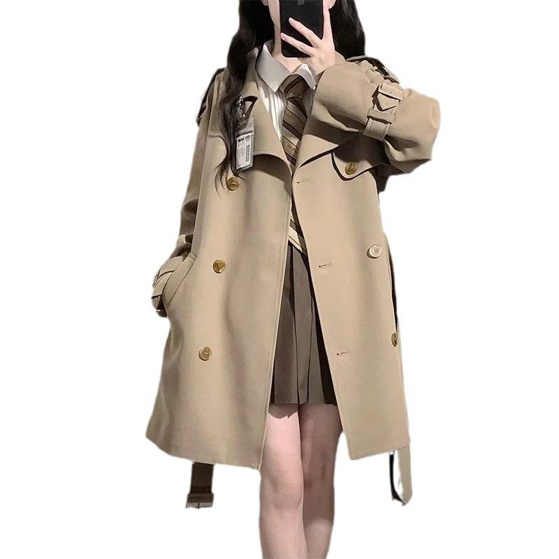 Petite Women's Black Trench Coat - 2023 Autumn/Winter Korean High Street, British Mid-Length Style