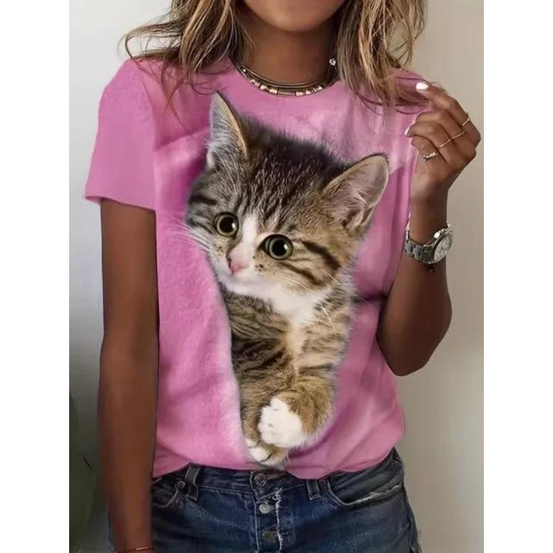 Sommar Rundhals 3D Kattryck Topp Trendiga Vardagliga Kortärmade Dam T-shirts