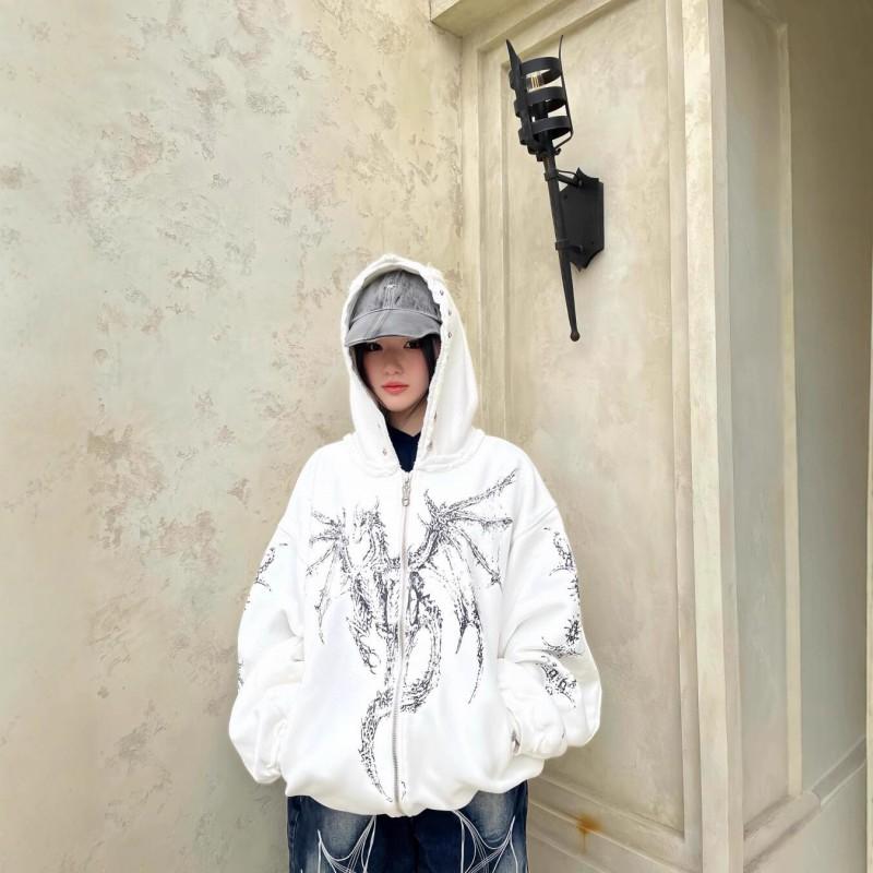 Mens Oversized Hooded Zip-Up Sweatshirt With Bold Graphic Print Cotton Fleece Loose Fit Streetwear Winter