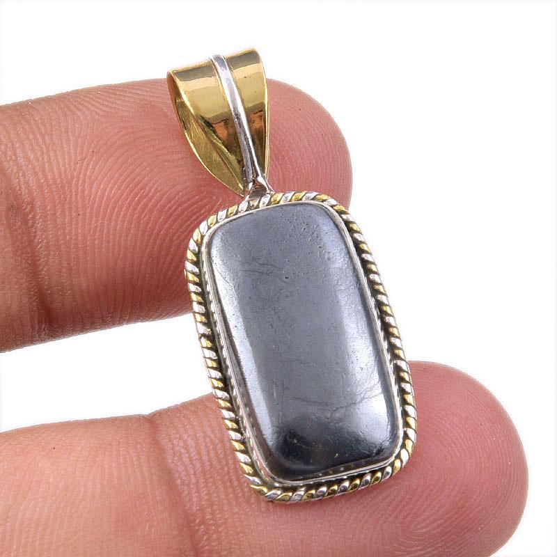 

Natural Gunmetal Gemstone 925 Solid Sterling Silver Two Tone Pendant 1.25 Q6A59