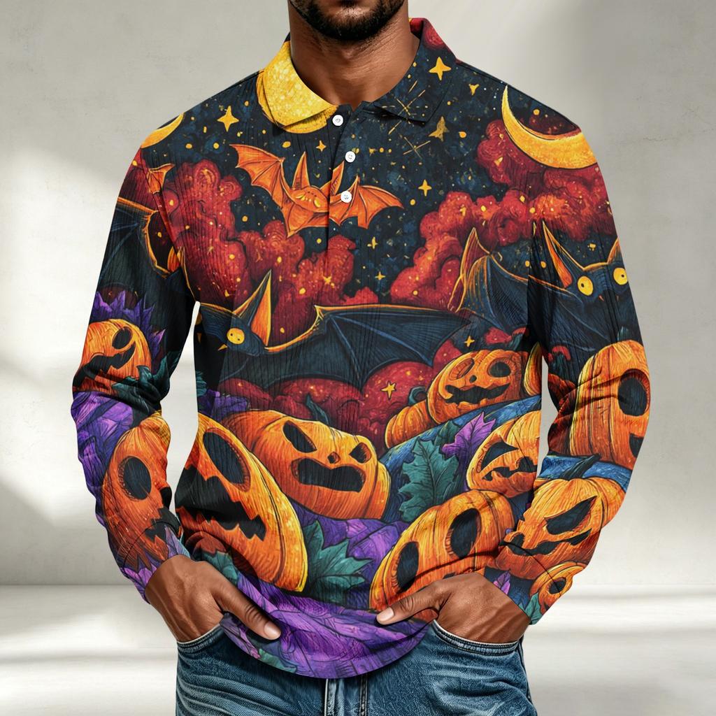 Men's Casual Halloween Print Long Sleeve Shirt Loose Fit