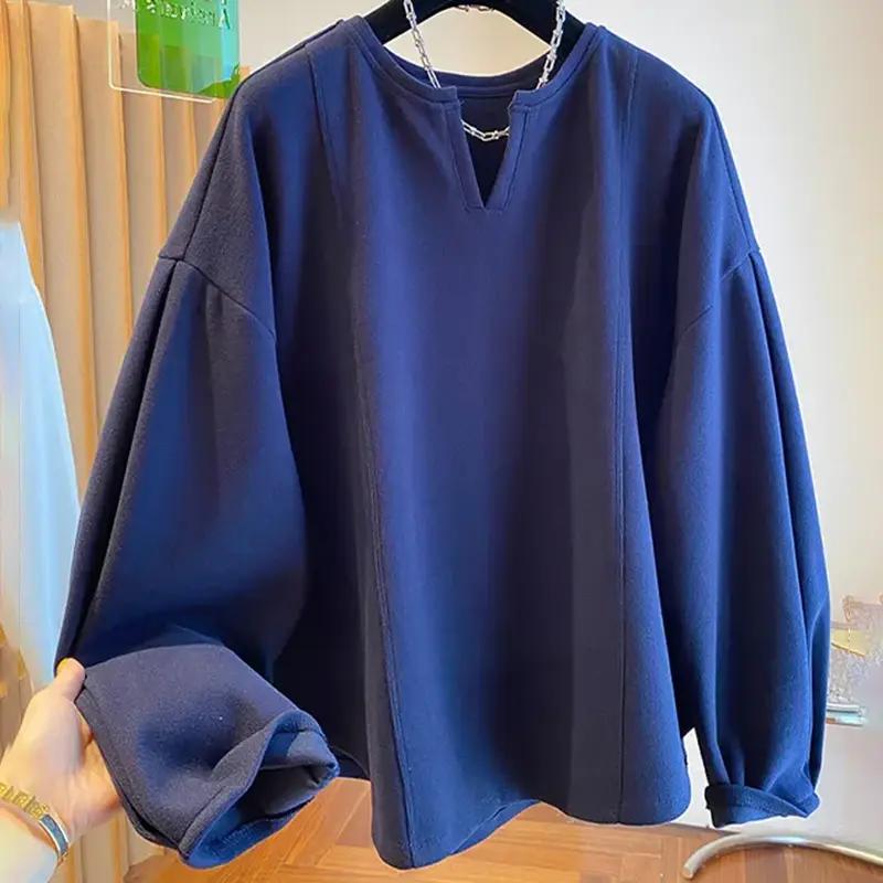 Толстовка для женщин Оверсайз V-образный вырез Утепленная Свободная Повседневная Пуловер Длинный рукав Зимняя Толстовка Топ S темно-синий