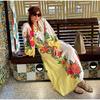 Print Linen Dress Plus Size Women Elegant Loose Lace Up V Neck Vintage Oil Painting Dress Summer Long Sleeves New Fashion High Waist Pastoral Style