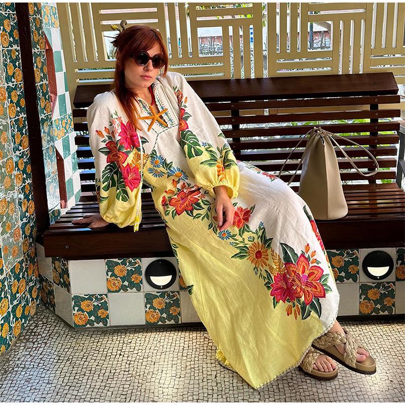 Print Linen Dress Plus Size Women Elegant Loose Lace Up V Neck Vintage Oil Painting Dress Summer Long Sleeves New Fashion High Waist Pastoral Style