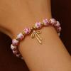 Blue Floral Printed Round Bead Bracelet Gold Tone Stone Bow Charm Vintage Chinese Style Elegant Wrist Jewelry for Women