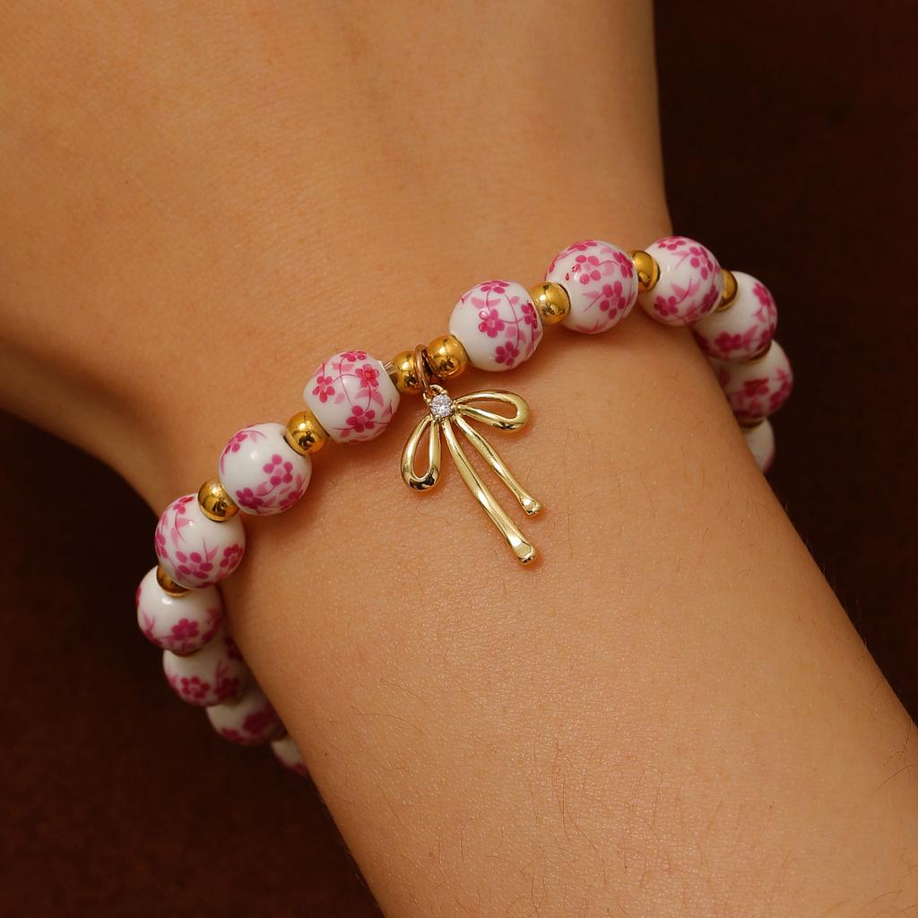 Blue Floral Printed Round Bead Bracelet Gold Tone Stone Bow Charm Vintage Chinese Style Elegant Wrist Jewelry for Women