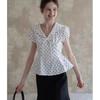 Women's White Polka Dot V-Neck Puff Sleeve Cinched Waist Peplum Casual Blouse