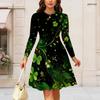 Women Plus Size Round Neck Long Sleeve Dark Blue Snowflake Printed A Line Dress