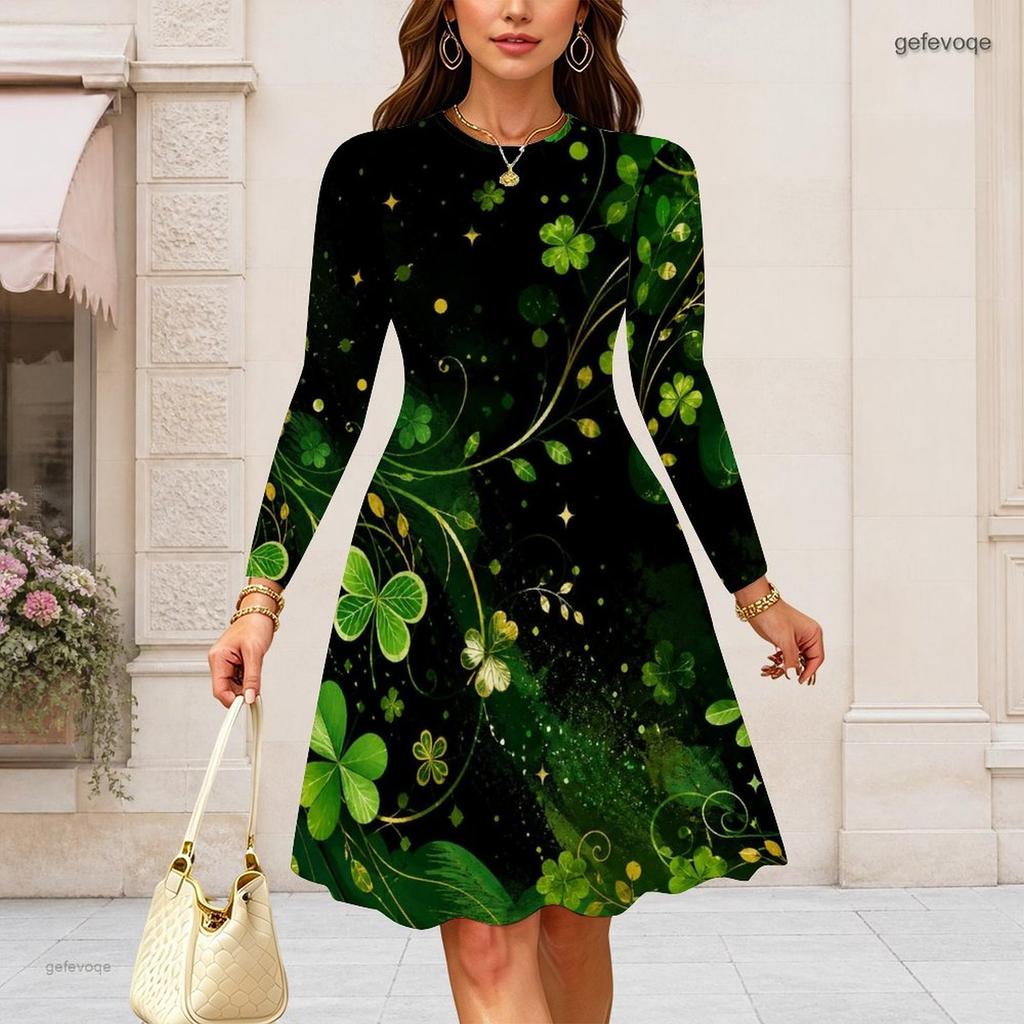 Women Plus Size Round Neck Long Sleeve Dark Blue Snowflake Printed A Line Dress