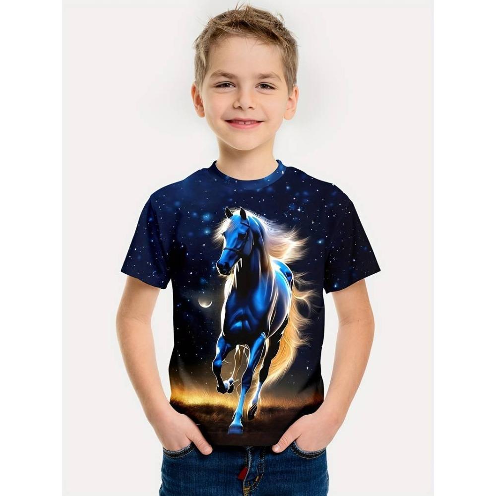 Horse-themed 3D-printed short-sleeved T-shirt for boys – summer sports round-neck top 100cm