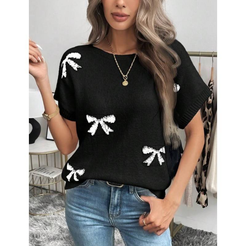 

Женская мода повседневная летняя весна с коротким рукавом и круглым вырезом свитера L чёрный