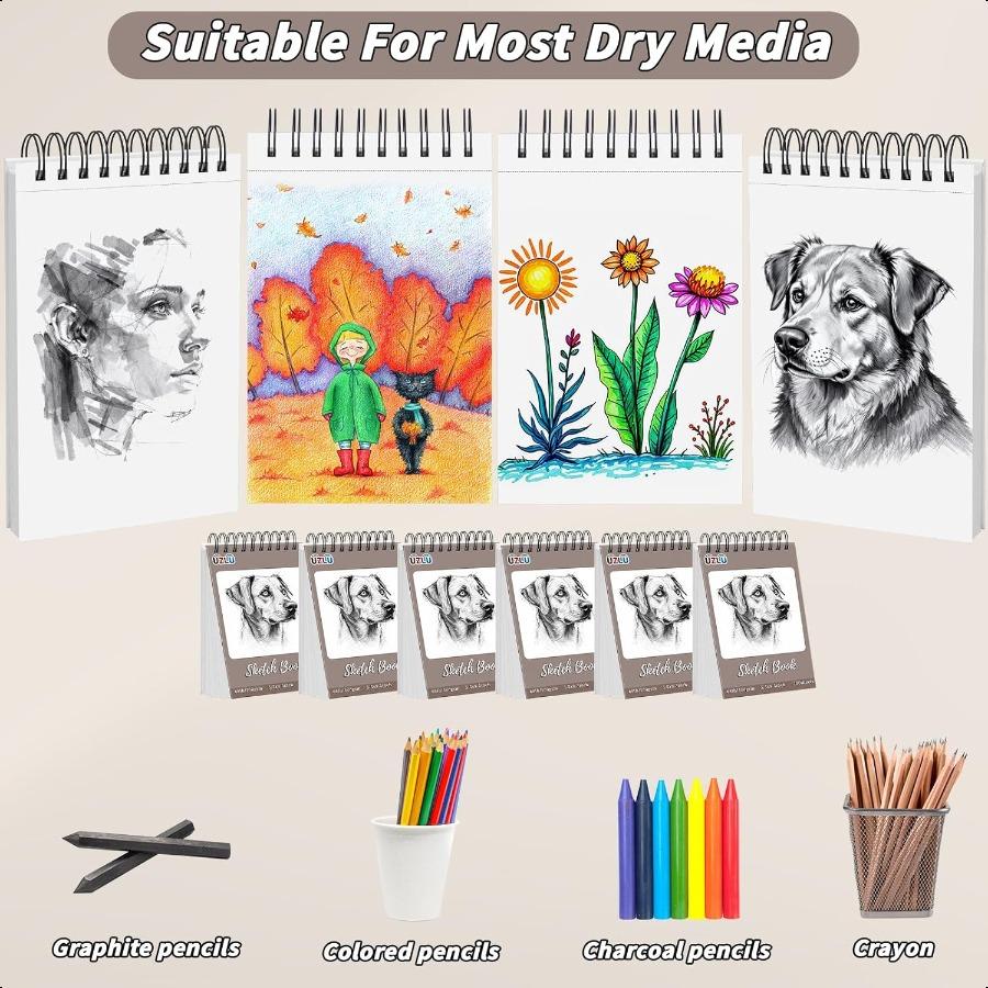 6 Pcs Sketch Book Bulk 5.5 X 8.5 In Drawing Paper Pad Top Spiral Bound Sketch Book 600 Sheet 68lb 100gsm Thick Paper Acid Free