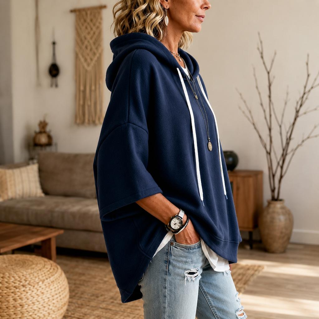 Women's Hooded Sleeve T-Shirt with Drawstring and Three-Quarter Sleeves