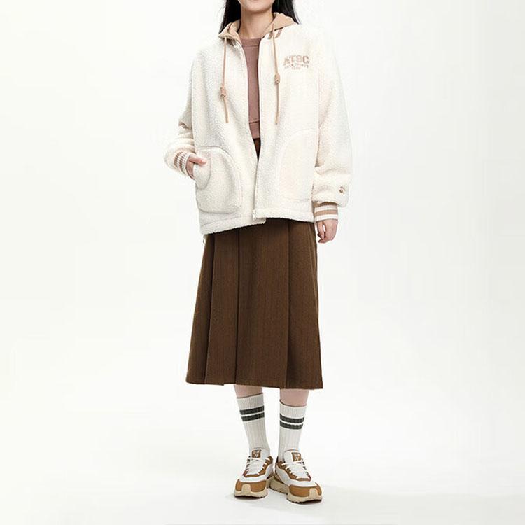 Anta Lifestyle Series Letter Color Block Zipper Hooded Thick Jacket Women Jacket White 162348712-1