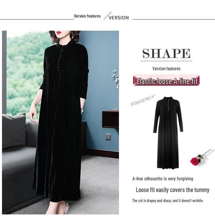 Plus Size Elegant Golden Velvet Knee-Length Dress for Women - Spring & Autumn Style