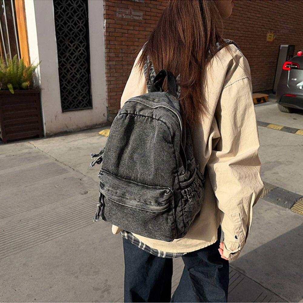 Japanese Style Denim Backpack Street Style Solid Crossbody Bag Portable Vintage Handbag Travel