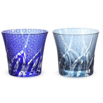 Nostalgia Cut Glass Pair Cups 240cc Random Carving Pattern Blue Ink Blue with Engraved Base Bishou Current Model J-kitchens 94xH85mm &
