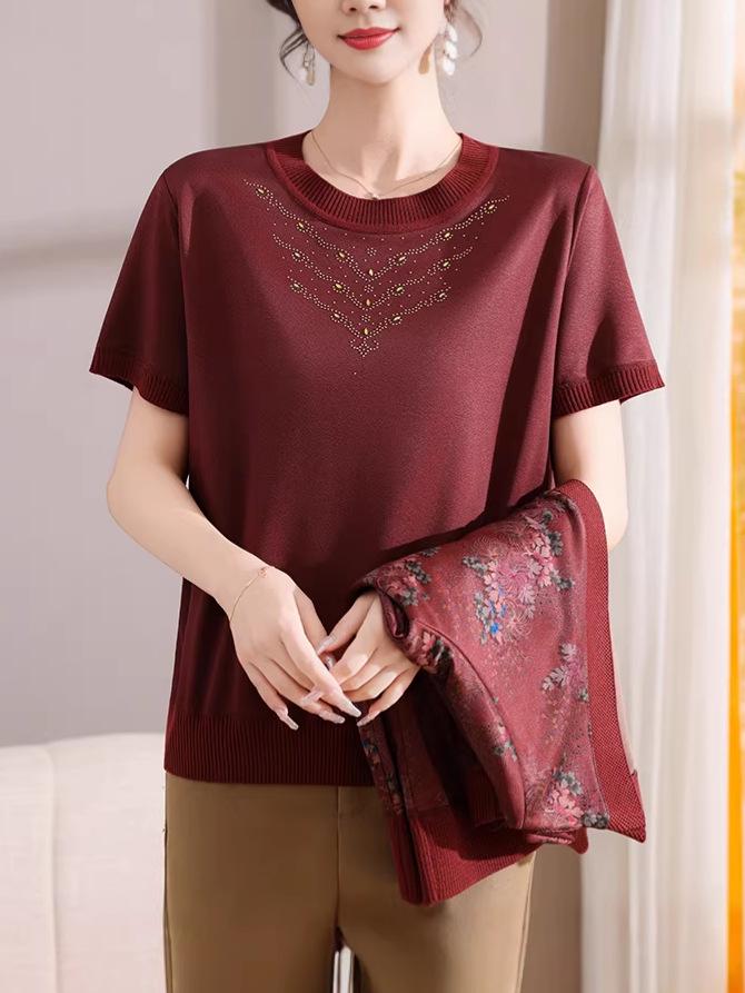 Elegant Jacquard Spring T-shirt Set for 50-Year-Old Women - Enhances Skin Tone, Perfect As Outerwear or Base Layer