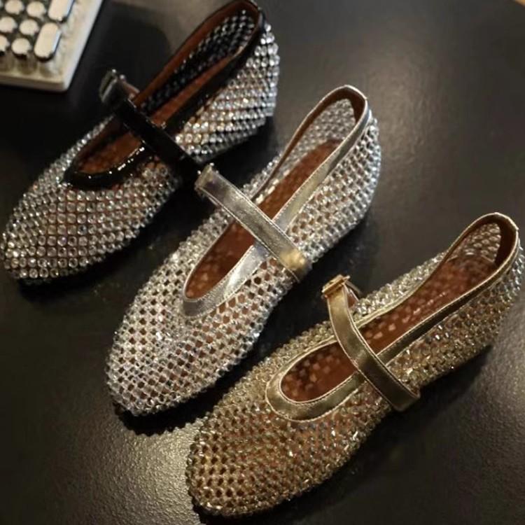 4cm Height Increase Mary Jane Mesh Shoes Ballet Shoes 2025 New Full Diamond French Beautiful Flat Shoes Women's Shoes