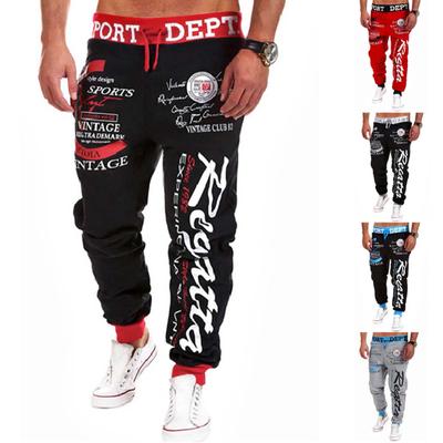 Men Casual Loose Letter Print Drawstring Elastic Waist Long Pants Trousers