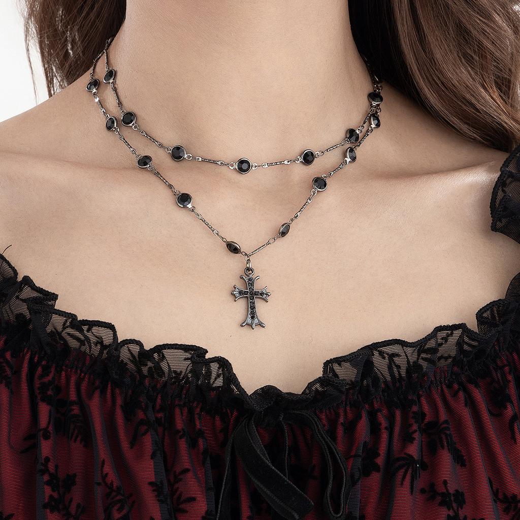 Sweet And Cool Short Cross Star Collarbone Choker Dark Goth Rhinestone Tassel Necklace Women