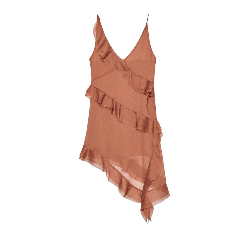 

Spring and Summer New Women s Clothing Sexy Style V Neck Sleeveless Asymmetric Laminated Decoration Sling Dress 1067157 Toffee L