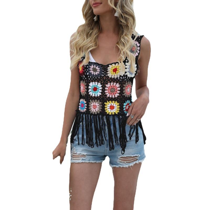 Dámské tílko větší velikosti Čisté ruční háčkování Smíšené barvy Bez umístění Květinový blok Třásně Patchwork Vesta