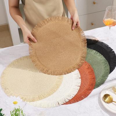 Tapis de table tissé en papier à franges Couleur unie Dentelle circulaire Antidérapant Respectueux de l'environnement Décoration de table à café/repas