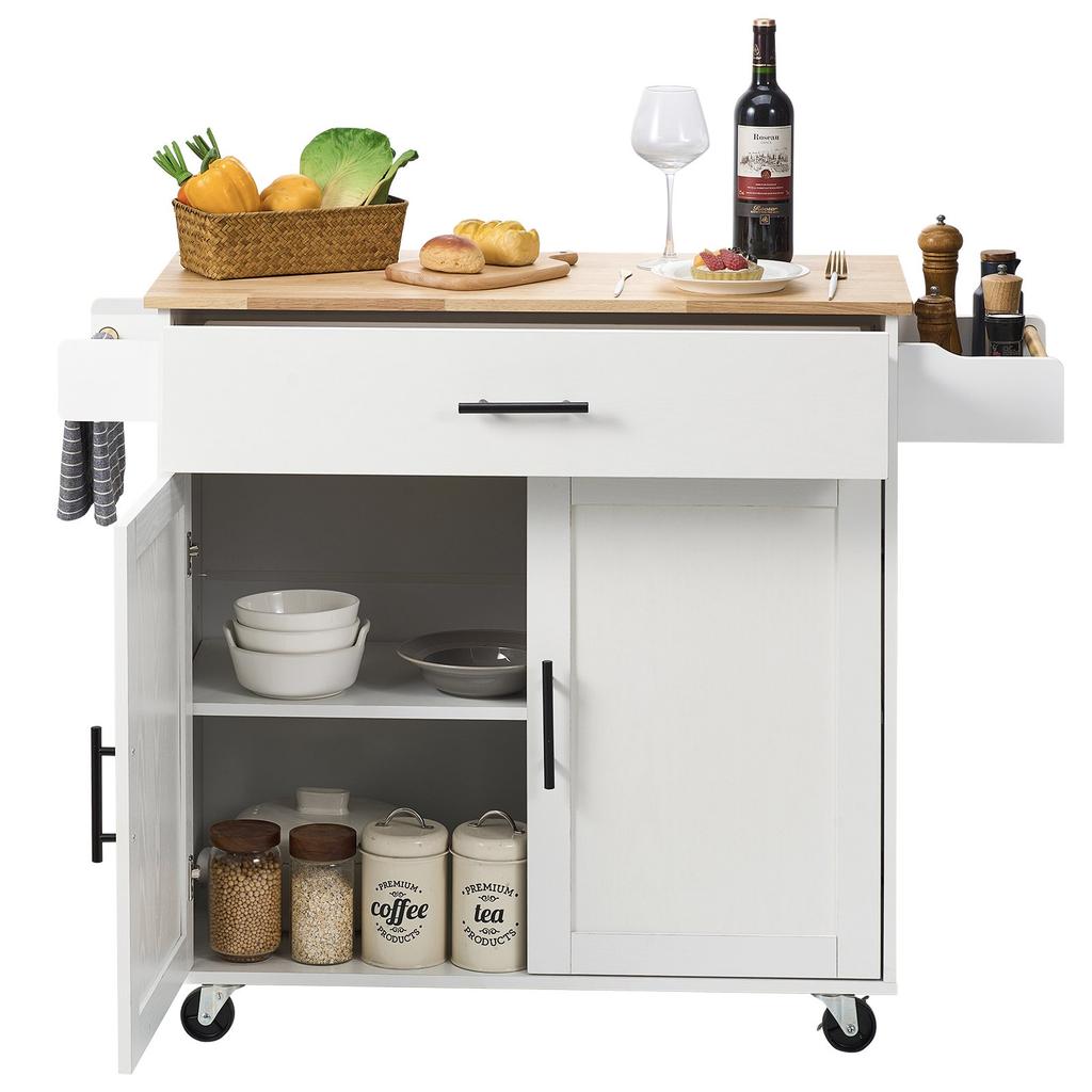 VEVOR Kitchen Island Cart with Solid Wood Top, 90 cm Width Mobile Carts with Storage Cabinet, Rolling Kitchen Table with Spice Rack, Towel Rack