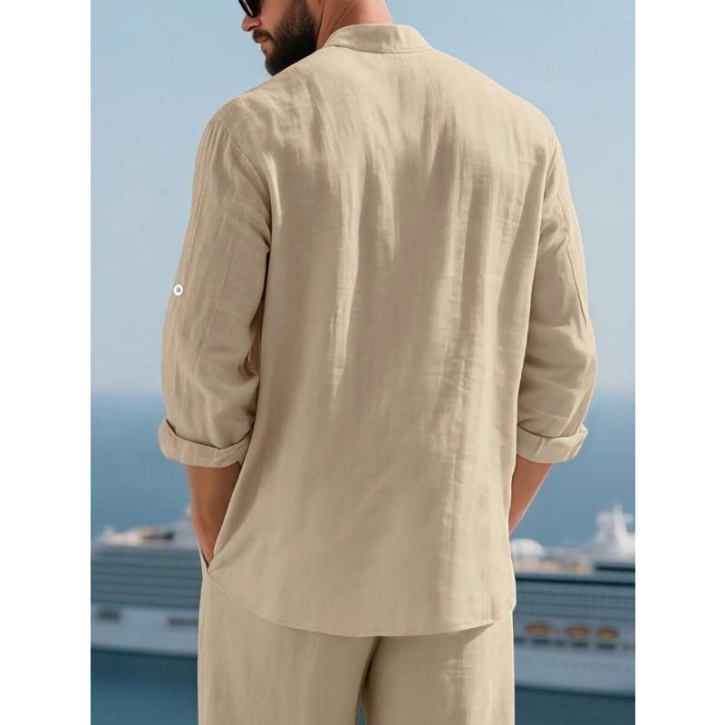Spring Autumn Men's Cotton Linen Long Sleeve Button Up Shirt Vacation Casual Breathable Top