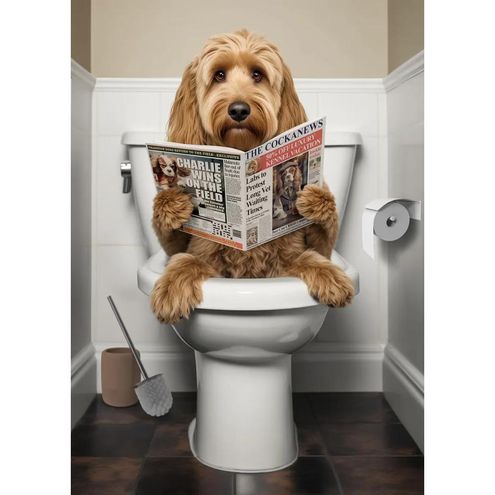 Funny Bathroom Poster Dog Reading Newspaper On Toilet Prints Pet Owner Gift Canvas Painting Wall Art Picture Home Bathroom Decor