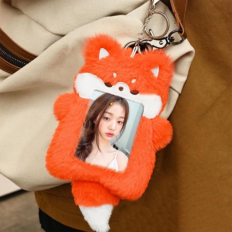 Cute Fox Rabbit Plush Card Holder Portable Student Campus ID Card Idol Photo Display Case Handbags Charm Keychain for Girl Gifts