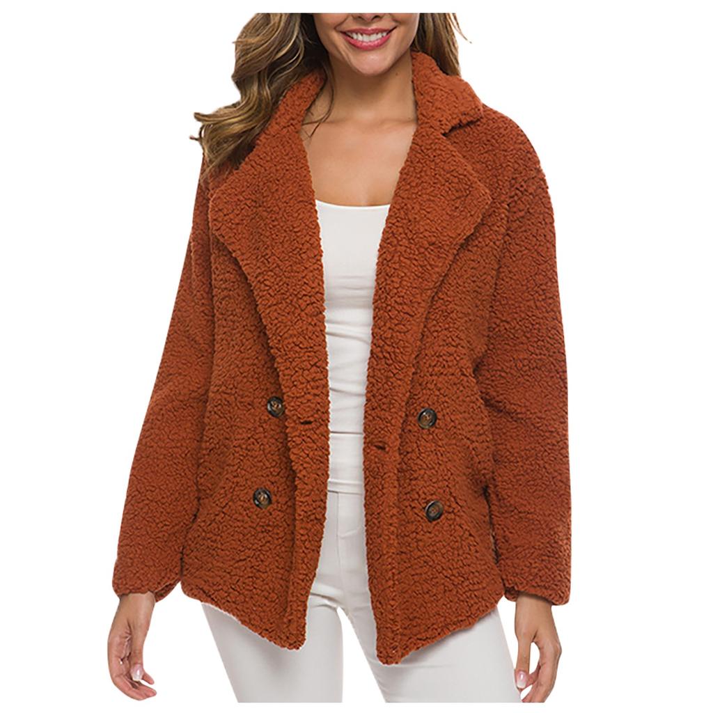 Women's Winter Casual Padded Thickened Suit Collar Button Lambswool Jacket Cardigan