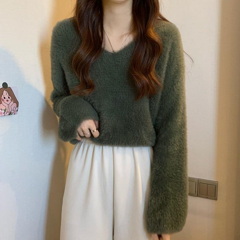 Autumn Winter V Neck Long Sleeve Pullover Women Sweater Female Solid Color Loose Office Knitted Tops Fashion Elegant Simple Clothing