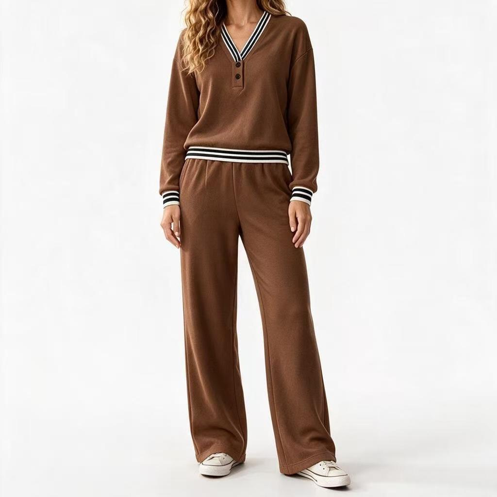 Women's V-Neck Striped Sweatshirt and Pants Set, Loose Casual Two-Piece Outfit for Everyday Wear