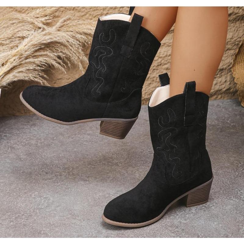 Mode Herbst-Winter Neue Damen Square Heel Round Toe Mode Stiefel V-Ausschnitt Mid-Calf Unter-Knie Stiefel