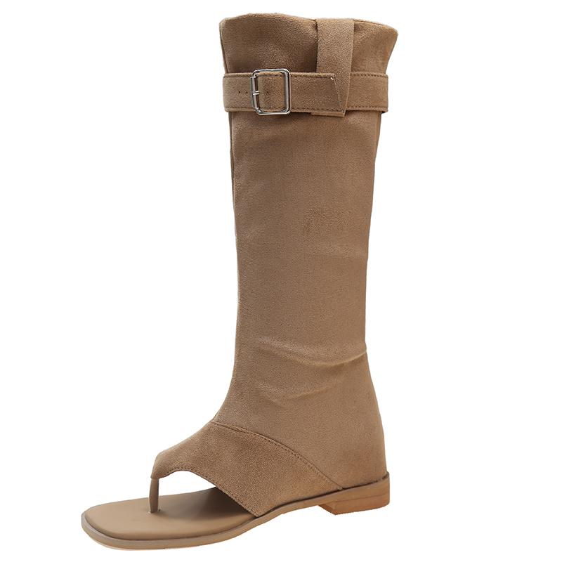 

Квадратный носок клипса низкий каблук ткань высокая труба крутые сапоги 2024 новые сращивание рукав пряжка ремень низкий каблук труба средней длины летние женские сапоги 35 абрикосовый