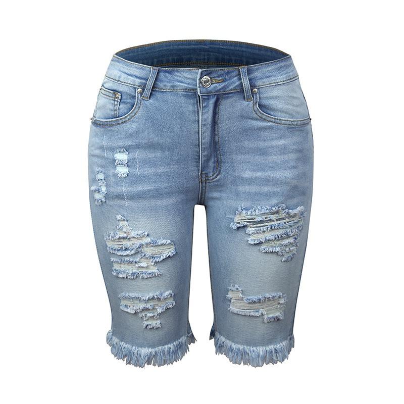 Fringed High-stretch Little Leg Pants Mid-waist Quarter Pants Ripped Jeans Woman