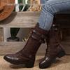 2025 European & American Mid-Calf Rivet Belt Buckle Boots: Round Toe, Square Heel, PU Leather, Autumn/Winter Knight Style