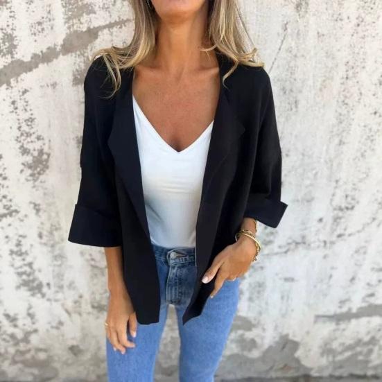Women Lapel Jackets Collar Blazer, 3/4 Sleeve Open Front Business Casual Ladies Blazers Suit Jacket, Office Work Short Blazer for Spring Fall