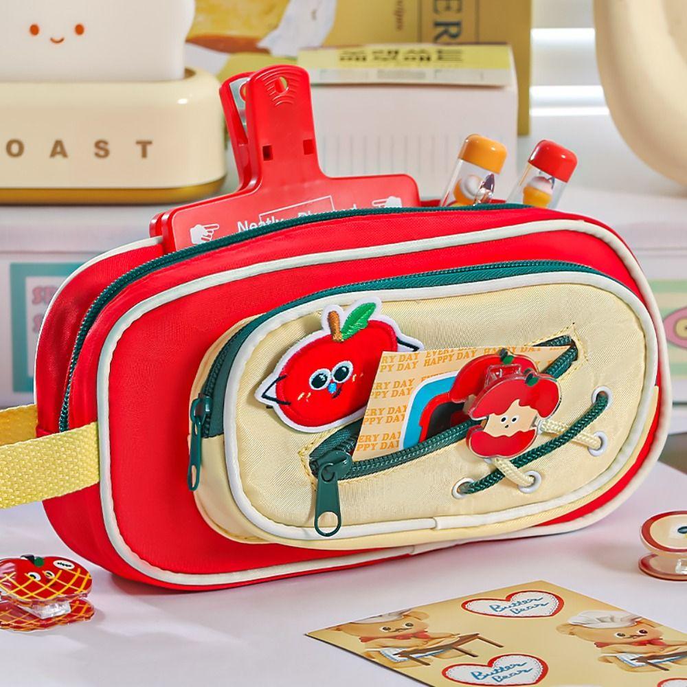 Cute Embroidery Sticker Pen Bag Five Layers Multi-functional Stationery Bag Large Capacity Pencil Case Students