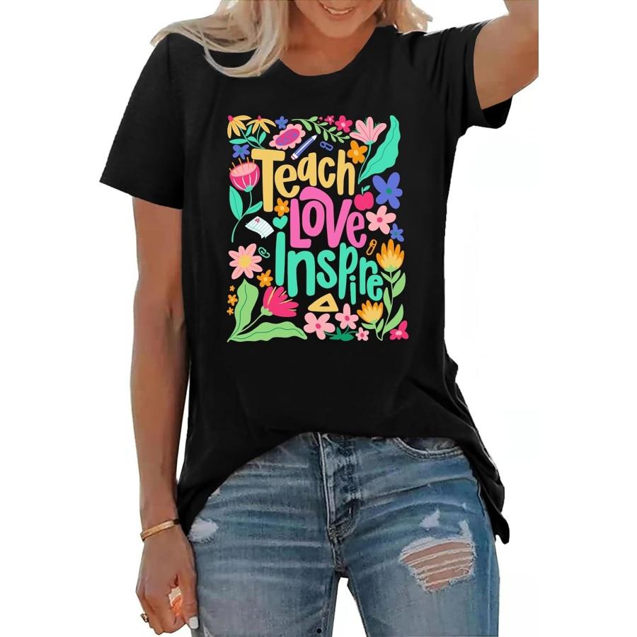 

PECHAR Teacher Shirts Women Teach Love Inspire Boho T Shirts Funny Wildflowers Short Sleeve Tee Tops XXXXXL чорний