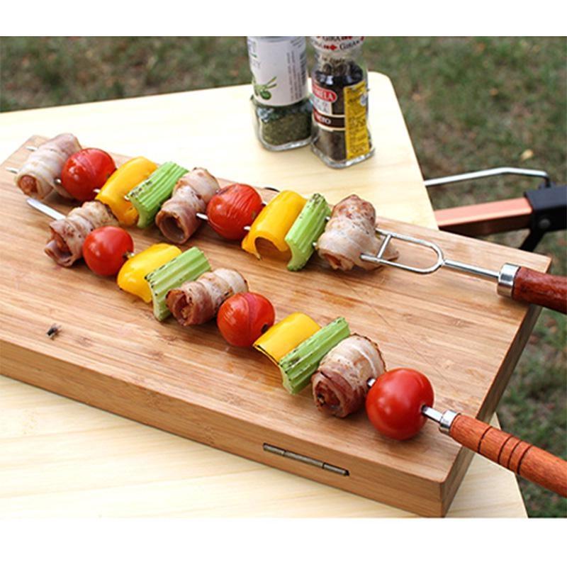 5Pcs Outdoor BBQ Grilled Fork Stainless Steel Signature Wooden Handle U-type Needle Picnic Barbecue Fork Rotisserie Long Skewers